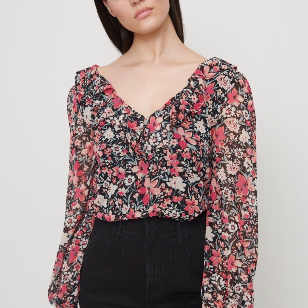 Floral Lace-Up Back V-Neck Women’s Top - Pink Multicolor - Picture 2 of 8